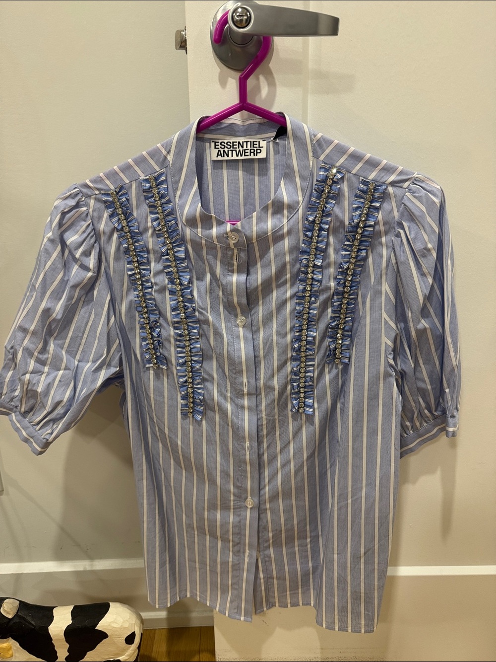 Essentiel Antwerp Blue Stripe Ruffle-Trim Button-Up Blouse